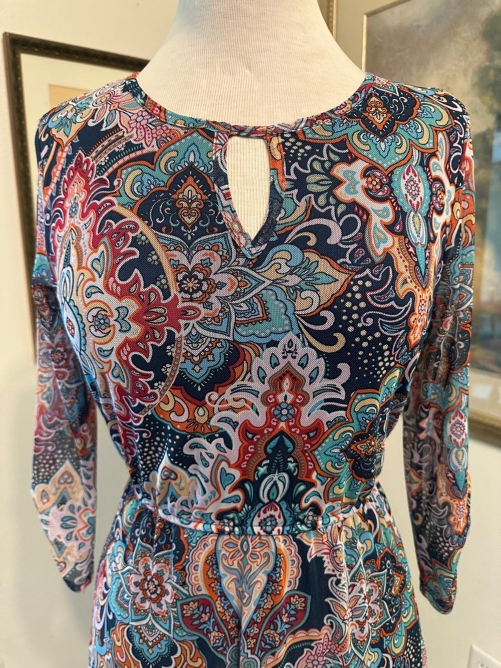 Harlow & Rose Navy Multicolor Geometric Asymmetrical Hem Dress Size Medium - Picture 4 of 15